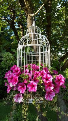 Flowers Bouquet Ecological Garden, Garden Objects, Birdcage Planter, Flowers Hanging, نباتات منزلية, Bird Cage Decor, Container Gardening Flowers, Permaculture Design, Flower Garden Design