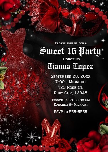 Red And Black Sweet 16 Invitations, Masquerade Sweet 16 Invitations, Masquerade Sweet 16 Dresses, Sweet 16 Masquerade Party Dress, Red Black And Silver Masquerade Party, Red Themed Sweet 16 Party, Red And Black Venue Quince, Sweet 16 Party Ideas Themes Red, Sweet 16 Decorations Red And Black