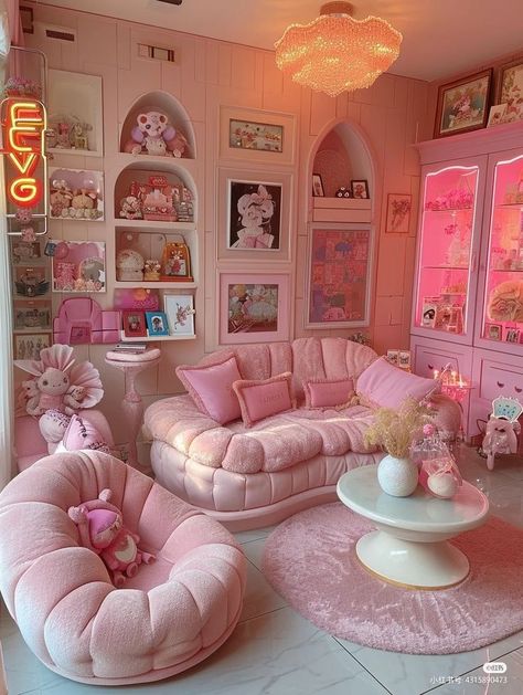 Barbie Doll Room Ideas, Pink Room Kawaii, Barbie Bedroom Aesthetic, Kawaii Apartment, Kawaii Living Room, Barbie Living Room, Dream Bedroom Inspiration, Pink Room Decor, Dream Apartment Decor