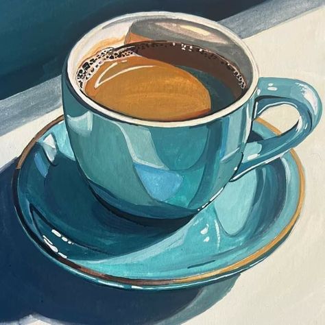 Tea Cup Drawing, Coffee Watercolor, Paint And Drink, Simple Oil Painting, Coffee Cup Art, Acrylic Art Projects, Contemporary Impressionism, Coffee Drawing, Coffee Painting