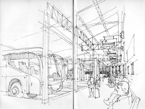 https://flic.kr/p/838VAp | Málaga, bus station | This was a quick one! Bus Stand Drawing, One Perspective Drawing, Stand Drawing, Site Maps, Sketching Practice, Terminal Bus, Free Writing Paper, Memory Drawing, Perspective Sketch