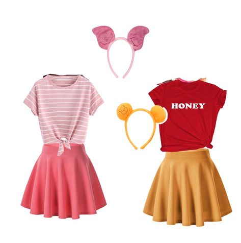 Bff Disney Costumes, Pooh And Piglet Disneybound, Disney Friends Costumes, Whinney Pooh Costumes, Best Friend Disneybound, Disneybound Friends, Disney Outfits Best Friends, Disney Friend Costumes, Piglet Costume Women