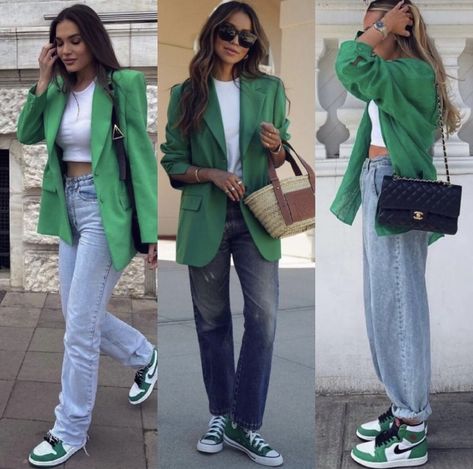 Business Professional Outfits With Sneakers, Bright Green Blazer Outfits For Women, Jordan 1 Outfit Women Work, Jordan 1 Work Outfit Women, Blazers With Sneakers Outfits Women, Professional Outfit With Sneakers, Blazer Jeans And Sneakers Outfit, Blazer With Sneakers Women, Green Tennis Shoes Outfit