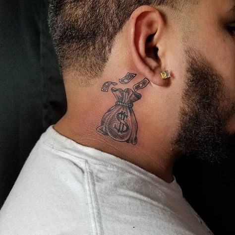 Money Bag Tattoo On Neck, Moneybag Neck Tattoos, Small Neck Tats Men, Money Bag Neck Tattoo, Money Neck Tattoos, Moneybag Tattoos, Dollar Sign Tattoo, Money Tattoos, Money Bag Tattoo