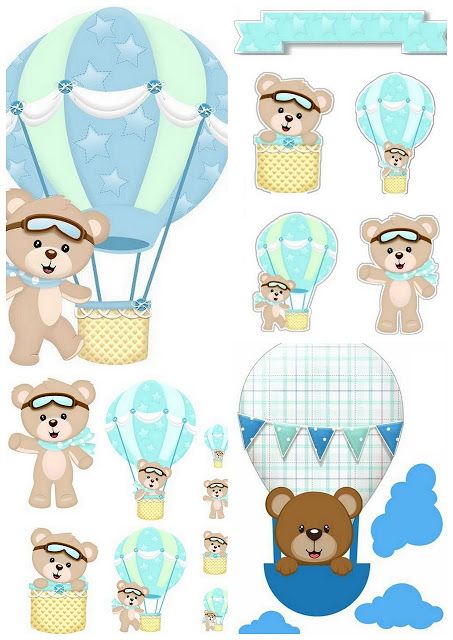 Baby Bear Flying in Balloon Free Printable Cake Toppers. Baby Shower Oso, Bear Baby Shower Cake, Baby Boy Cake Topper, Hot Air Balloon Cake, Bear Cake Topper, Boy Baby Shower Ideas, Teddy Bear Cakes, Baby Shower Deco, Baby Shawer