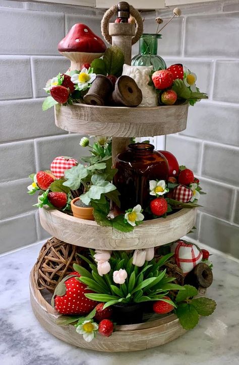 Tiered Tray Decorating & More | Strawberries and mushrooms are my favorites 🍓🍄❤️ | Facebook Diy Tray Decor, Tiered Tray Stand, Birdhouse Craft, Diy Tray, Farmhouse Primitive, Tray Ideas, Wreath Maker, Tiered Trays, Birdhouse