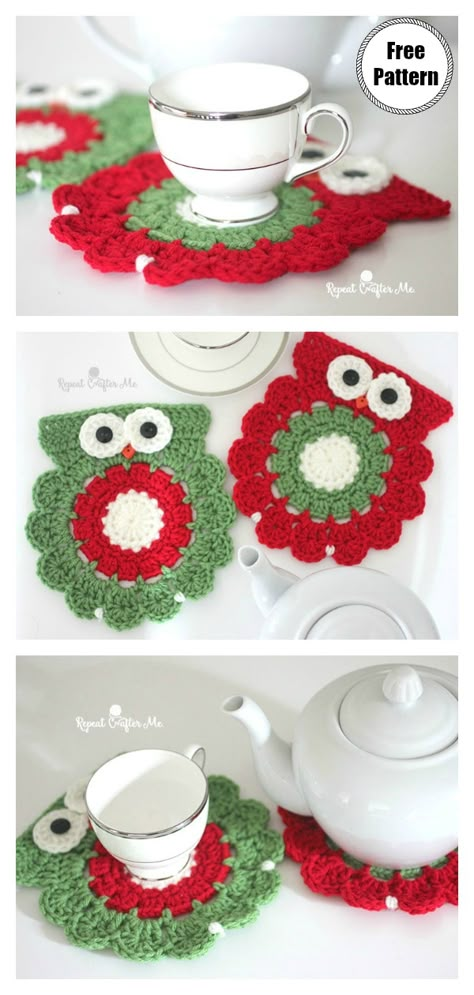 Christmas Owl Coaster Free Crochet Pattern Halloween Doily, Bathroom Crochet, Coasters Free Pattern, Owl Quilts, Holiday Crochet Patterns, Holiday Coasters, Owl Crochet, Crochet Coasters Free Pattern, Kitchen Crochet