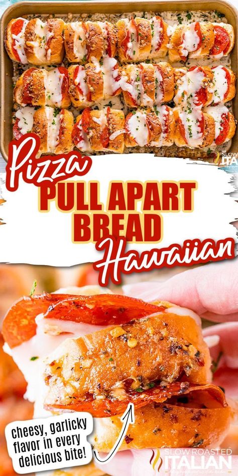 Pizza Pull-Apart Hawaiian Bread Pull Apart Bread Appetizer, Pizza Pull Apart Bread, Pizza Pull Apart, Homemade Pizza Recipe Easy, Cheesy Pull Apart Bread, Pull Apart Pizza, Pull Apart Pizza Bread, Slow Roasted Italian, Bread Pull Apart Recipes