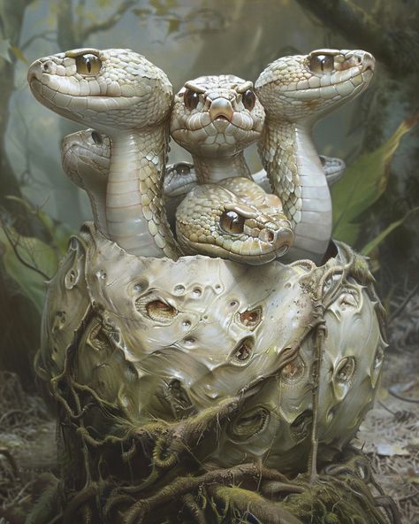 Baby hydras, ready to cause mayhem⁠ ⁠ ⁠ A group of baby snakes hatching from an egg with several heads, in a fantasy art style, fantasy artwork painted in the style of Alan Lee and Donato Giancola --ar 4:5 --v 6.0⁠ ⁠ #aiart #aiartwork #aiartcommunity #aiimage #aipainting #digitalart #art #aiphoto #artist Hydra Snake, Fantasy Art Style, Donato Giancola, Baby Snakes, Alan Lee, An Egg, Fantasy Artwork, Art Sketchbook, A Group