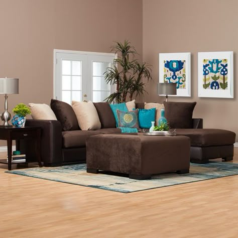 Chocolate Brown Sectional | 2 Piece Sectional with Chaise Lounge Chocolate Furniture Living Room Ideas, Brown Sofa Cushion Ideas, Colors That Go With Brown Furniture, Brown Sofa Living Room Ideas, Brown Couches, Dark Brown Couch Living Room, Grey And Brown Living Room, Brown Furniture Living Room, Brown Sofa Living Room