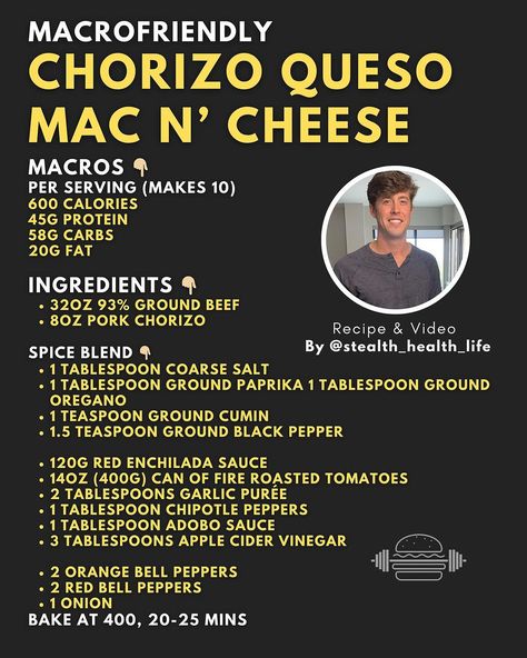 Eat or Pass? 👇 Chorizo Queso Mac n’ Cheese By @stealth_health_life Per serving (makes 10) 600 Calories 45g Protein 58g Carbs 20g… | Instagram Chorizo Queso Mac And Cheese, Chorizo Mac And Cheese, Queso Mac And Cheese, Onion Bake, High Protein Low Calorie Recipes, Chorizo Queso, Queso Sauce, Stealth Health, Pork Chorizo