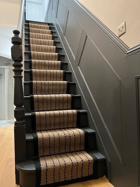 Dark Painted Stairs With Runner, Stair Runner Black Stairs, Victorian Stair Runner, Herringbone Stairs, Runner Carpet Stairs, Painted Stairs With Runner, Staircase With Runner, Panelled Staircase, Stairs With Carpet Runner