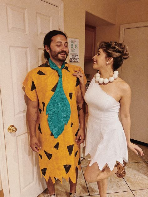 Wilma Costume Diy, Flinstone Couples Costume, Flinstones Halloween Costumes Couple, Fred And Wilma Costume Couple, The Flinstone Costume, Diy Clever Halloween Costumes For Couples, Wilma And Fred Costume Couple, Cute Simple Couples Costumes, Flinstones Couple Costume