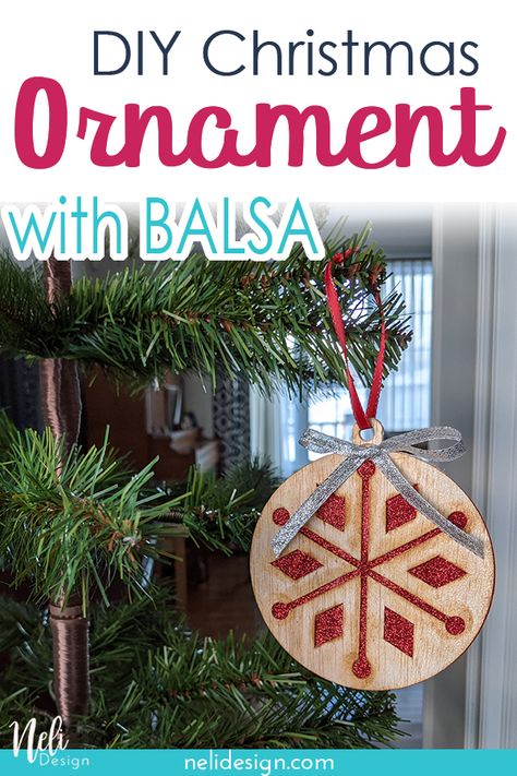 Make a DIY Balsa Cricut Projects with this fun Christmas Ornament. Make balsa Christmas ornaments with your Cricut using this full tutorial. You'll be able to make it from start to finish using the basics shapes of Cricut Design Space. You'll make a beautiful balsa wood Christmas decorations for your home. #balsa #christmasornaments #CricutTutorial #CricutDesignSpace Wood Ornaments Diy, Ornaments Diy Christmas, Wood Christmas Decorations, Ornaments Ideas, Diy Christmas Ornament, Projets Cricut, Balsa Wood, Christmas Challenge, Creative Craft