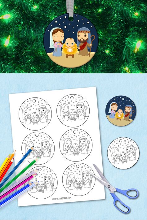 Printable Nativity Gift Tag or Ornament Coloring Sheet - Big Family Blessings Nativity Diy Ornaments, Nativity Templates Free Printable, Nativity Hat Printable Free, Printable Ornaments For Kids, Free Nativity Printables, Baby Jesus Ornament Diy, Nativity Ornaments For Kids, Preschool Nativity Crafts Free Printable, Nativity Activities For Kids