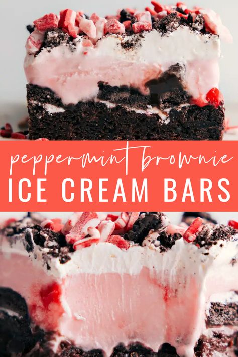 Try the best treat this season! Peppermint Brownie Ice Cream Bars, featuring a rich fudgy brownie base, Oreos, creamy fudge, and peppermint ice cream, topped with whipped cream. With just 5 main ingredients, they’re an easy and popular choice for the holidays! #dessert #best #quick #easy #simiple #treat #christmas #holiday #peppermint #peppermintbrownie #icecreambars Peppermint Ice Cream Dessert Recipes, Peppermint Cream Cheese Brownies, Peppermint Stick Ice Cream Dessert, Ninja Creami Peppermint Ice Cream, Ice Cream Christmas Desserts, Peppermint Ice Cream Dessert, Christmas Ice Cream Desserts, Fudge Ice Cream Cake, Peppermint Stick Ice Cream