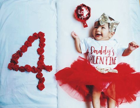 4th Month Baby Photo Ideas, Month Birthday Photoshoot, Birthday Ideas For Baby Girl, Month Birthday Ideas, Creative Monthly Baby Photos, Valentines Baby Photoshoot, Valentines Baby Photos, Valentine's Day Shoot, Pinterest Valentines