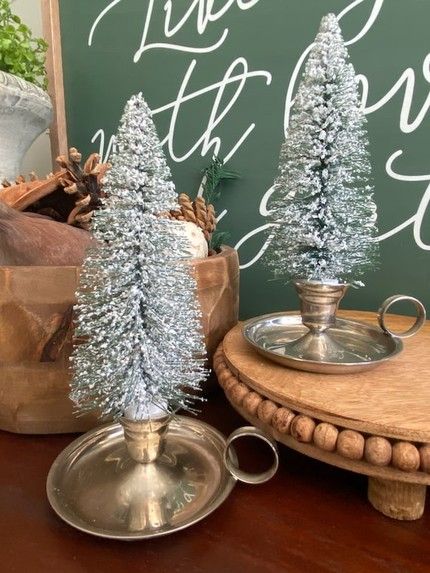 Bottle Brush Tree Bases 5 Ways: Fridays At 5:00 - MY WEATHERED HOME Flocked Trees, Christmas Vignettes, Bottle Brush Christmas Trees, Bottle Brush Tree, Brush Trees, Brush Tree, Silver Candlesticks, Christmas Tree Crafts, Christmas Tree Decor