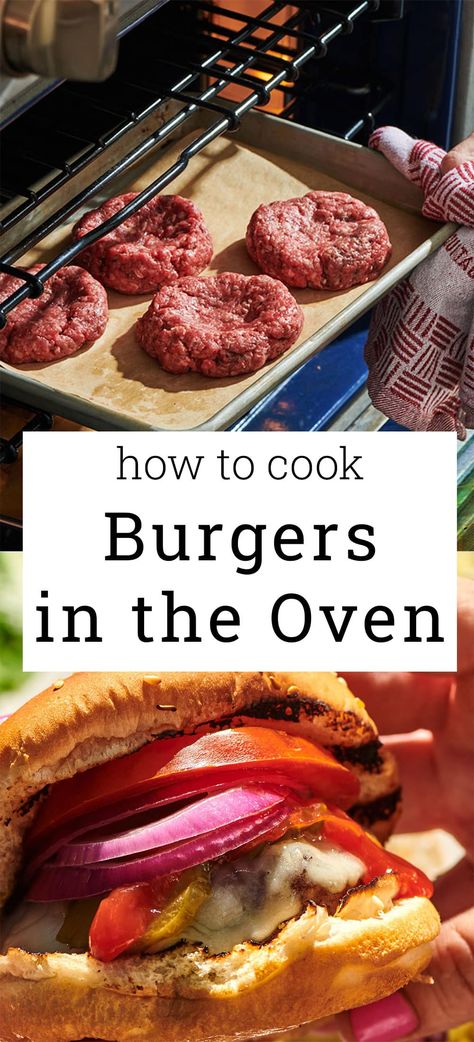 Baked Hamburgers / The easiest way to cook hamburgers in the oven, resulting in even, juicy patties every time. No stovetop splattering and easy cleanup! Cheeseburgers In The Oven, Baking Hamburgers In Oven, Cook Hamburgers In Oven, Hamburgers In The Oven, Oven Hamburgers, Oven Baked Burgers, Burgers In The Oven, Oven Burgers, Baked Hamburgers