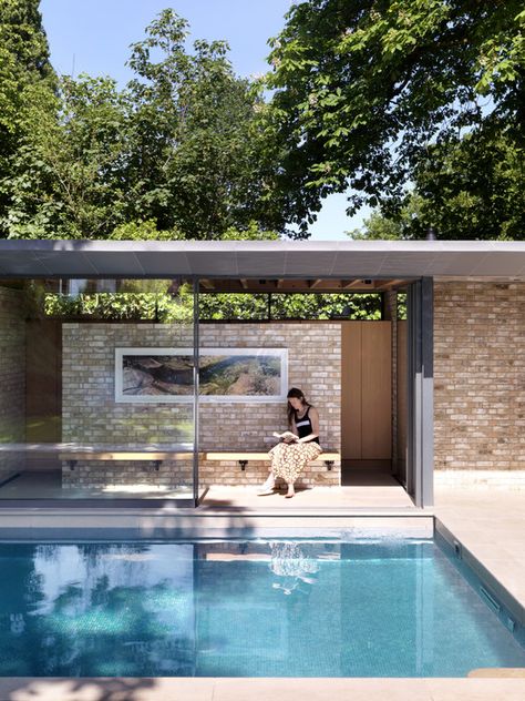 Brick Pool, Modern Pool House, Pool Pavilion, Swimming Pool House, Garden Pavilion, House London, London Garden, London Architecture, Modern Pools