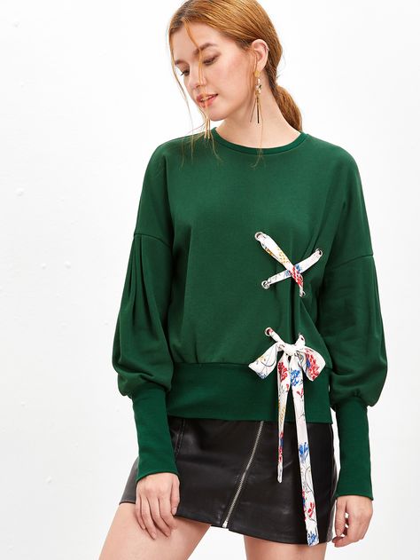 Shop Green Bishop Sleeve Sweatshirt With Eyelet Lace Up Detail online. SheIn offers Green Bishop Sleeve Sweatshirt With Eyelet Lace Up Detail & more to fit your fashionable needs. Diy Vetement, Bishop Sleeve, Eyelet Lace, Green Blouse, Upcycle Clothes, Fashion Details, Maternity Clothes, Sweatshirts Women, Sweat Shirt