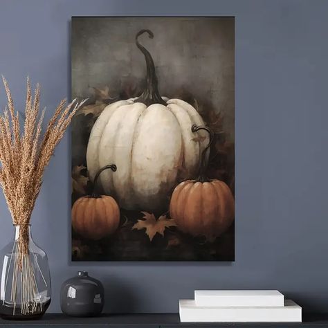 Pumpkin Paintings On Canvas, Pumpkin Canvas Painting, Pumpkin Paintings, Pumpkin Canvas, Labu Halloween, Funny Decor, Hal Decor, Wooden Painting, Fall Wall Decor