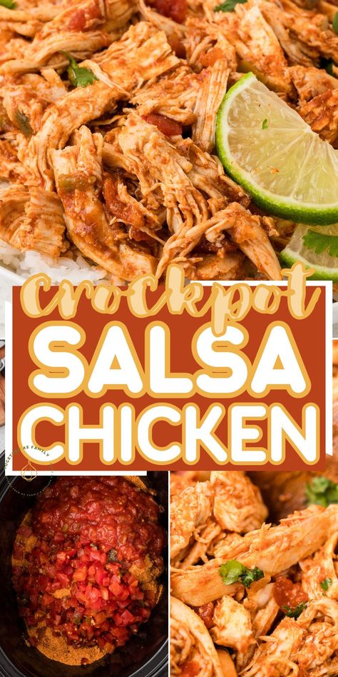 This Crockpot Salsa Chicken is an incredibly easy slow cooker recipe that needs no chopping and only 4 main ingredients! It's a versatile recipe that you can make mild or spicy, and there are endless serving ideas for this Salsa Chicken. Perfectly tender and shreddable chicken that is seasoned to perfection with taco seasoning, Rotel tomatoes, and your favorite salsa. Crockpot Salsa Chicken, Crockpot Salsa, Crockpot Mexican Chicken, Best Crockpot Chicken, Salsa Chicken Crockpot, Slow Cooker Salsa Chicken, Slow Cooker Salsa, Chicken Tacos Crockpot, Crock Pot Tacos