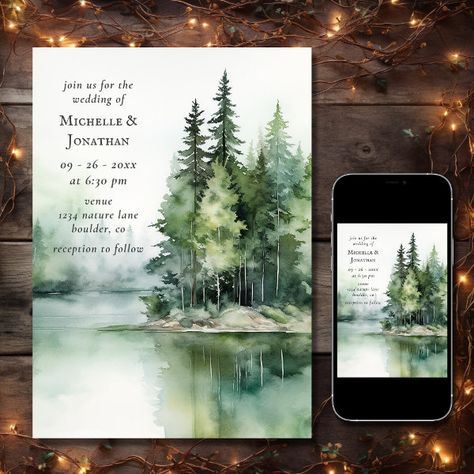 Watercolor Rustic Lake Woodland Forest Wedding Invitation Woodland Forest Wedding, Forest Wedding Invitation, Forest Wedding Invitations, Themed Wedding Invitations, Wedding Anniversary Invitations, Forest Mountain, Woodland Forest, Lake Wedding, Wedding Preparation