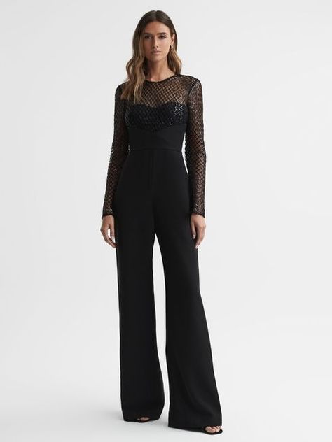 Tess Daly Wore This on Strictly Come Dancing Week 8 Results November 2023 where to get her outfits black mesh sequin lattice jumpsuit black velvet court shoes embellished bows Tess Daly, Her Outfits, Strictly Come Dancing, Jumpsuit Online, Jumpsuit Black, 70s Inspired, Court Shoes, Black Jumpsuit, Black Mesh