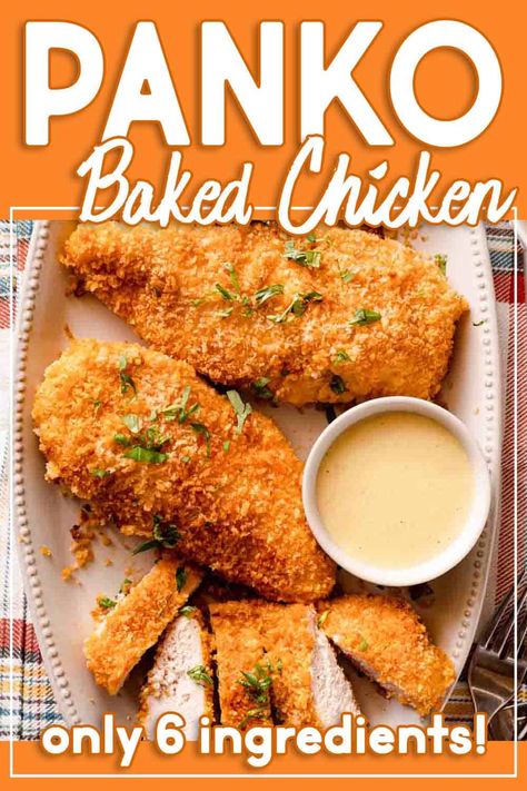 You only need 7 basic ingredients and about 35 minutes to make golden brown and crunchy panko baked chicken. Chicken breasts are coated in a flavorful mayo and mustard dip, then rolled in seasoned panko breadcrumbs. These panko crusted chicken breasts will be your family's new favorite dinner recipe! Panko Chicken And Pasta, Panko Chicken No Egg, Panko Oven Fried Chicken, Oven Baked Chicken Tenders Panko, Italian Panko Crusted Chicken, Baked Chicken Nuggets Panko, Chicken With Breadcrumbs Recipes, Chicken Panko Recipes Baked, Panko Baked Chicken Breast