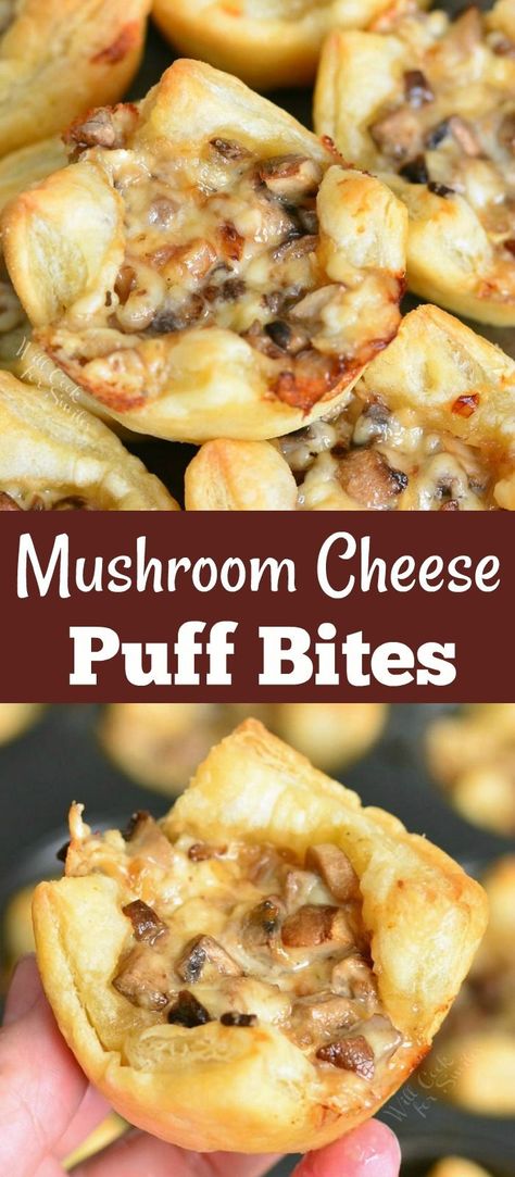 Mushroom Cheese Puff Bites, Mushroom Cheese Appetizer, Mushroom Cups Appetizer, Mushroom Bites Appetizers, Mushroom Crescent Roll Appetizer, Crescent Roll Bites, Appetizers With Mushrooms, Sliced Mushroom Appetizer, Mushroom Turnovers Appetizers