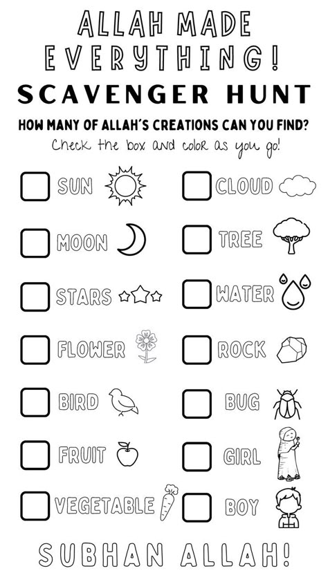 Allah Made Everything! Scavenger Hunt for Muslims | Homeschooling Islamic Schools Coloring Page Acitivity Muslim Kids Crafts, Kids Scavenger Hunt, Eid Activities, Islamic School, Islamic Books For Kids, Muslim Kids Activities, Homeschool Activity, Islamic Kids Activities, Ramadan Kids