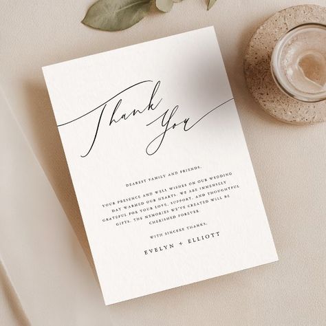 Elegant Script Black White Wedding Reception Table Thank You Card Simple Wedding Place Settings, Black White Wedding Reception, Wedding Thank You Messages, Wedding Thank You Cards Wording, White Wedding Reception, Simple Modern Wedding, Classic Wedding Stationery, Thank You Card Wording, Place Setting Cards