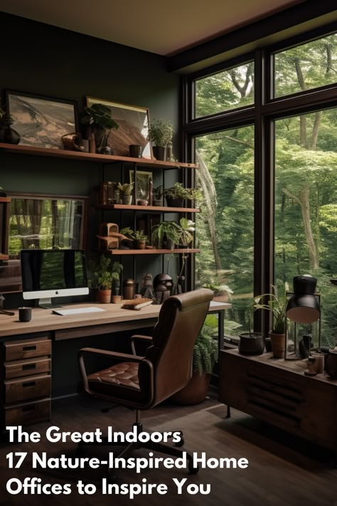 Lush home office with floor-to-ceiling windows showcasing a forest view. Dark wood desk, floating shelves, and leather chair in a room filled with green plants and artistic decorations. Earthy palette with deep greens and browns. Green Home Offices, Wooden Desks, Home Office Dark, Windows Frame, Organized Desk, Elegant Home Office, Rustic Home Offices, Earthy Home, Rustic Office