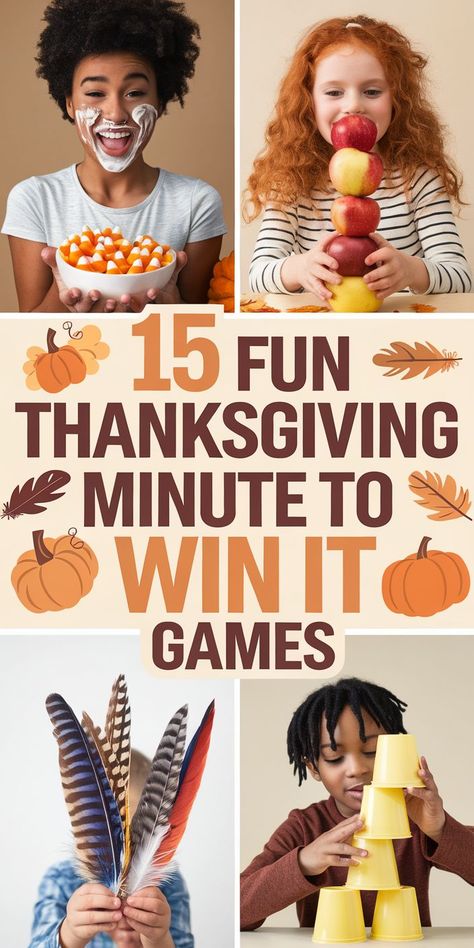 Bring on the Thanksgiving fun with "15 Fun Thanksgiving Minute to Win It Games"! Perfect for family gatherings, classroom parties, or entertaining the kids while the turkey cooks, these quick and exciting games add extra joy to your holiday. From silly challenges to laugh-out-loud moments, these Thanksgiving family games are great for kids AND adults. Get ready for some festive competition and make this Thanksgiving unforgettable! Thanksgiving Minute To Win It Games, Thanksgiving Games For Family Hilarious, Minute To Win It Thanksgiving, Outdoor Fall Games, Holiday Games For Family, Thanksgiving Minute To Win It, Thanksgiving Interactive, Turkey Games, Thanksgiving Family Games