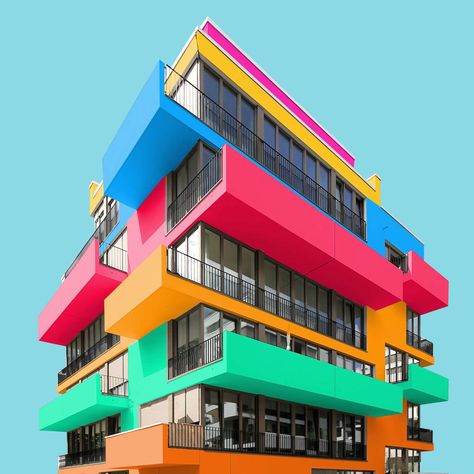 Photographer Creates Colourful Cityscapes From Real Buildings – Vantage – Medium White Building, Colourful Buildings, Minimalist Photography, Building Structure, Architecture Illustration, Modern City, School Architecture, Modern Buildings, Postmodernism