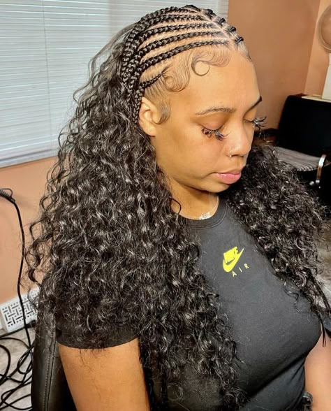 Half Braids And Half Sew In, Cornrows With Curly Pieces, Cornrows In Front Boho Braids In Back, Half Cornrows Half Curly Weave With Heart, Corn Rows With Curls At The End, Zigzag Headband Curly Hair, Half Sew In Half Braids, Half Braids Half Sew In Weave, Half Braids