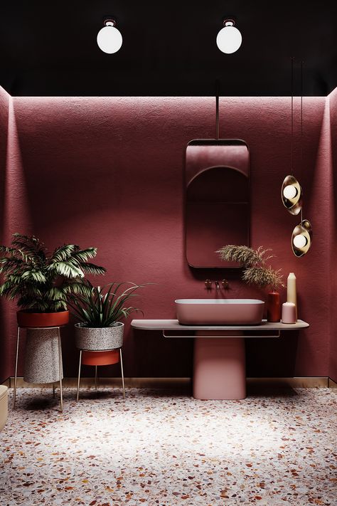 - Mitte - bathroom - on Behance Dark Pink Interior, Dark Pink Bathroom Ideas, Dark Pink Bathroom Walls, Bordeaux Bathroom, Dark Pink Walls, Dark Pink Bathroom, Contrast Bathroom, Bathroom Behance, Red Bathroom Accessories