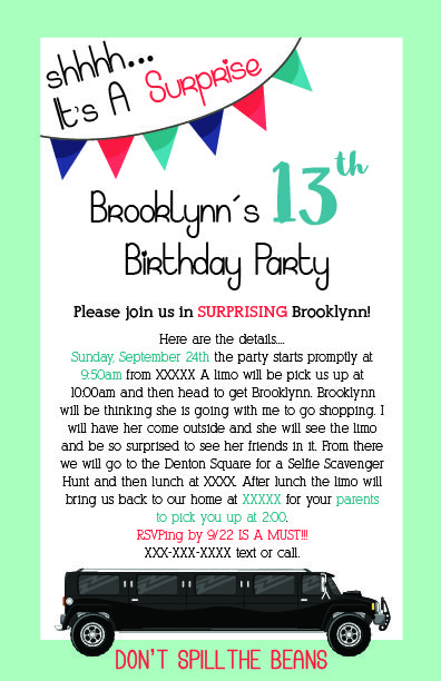 Birthday Invitation to a surprise birthday party for my daughter. I had hired a limo for her and her friends and then they did an Instagram Selfie Scavenger Hunt at our local downtown square. Birthday Limo Ideas Parties, Limo Birthday Party Ideas, Selfie Scavenger Hunt, Unique Birthday Party Ideas, Limo Party, Limo Ride, Surprise Birthday Party, 13th Birthday Parties, Golden Birthday