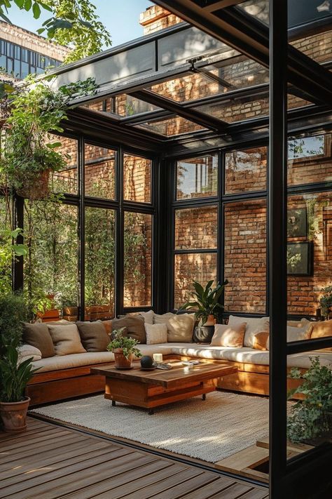 Cozy outdoor lounge with glass walls and lush plants. An outdoor living room is where nature and luxury collide, turning your backyard into the ultimate spot for lounging, laughing, and living it up. Modern Rustic Outdoor Patio, Plush Lounge Chair, Cabin Modern, Lush Plants, Outdoor Paradise, Outdoor Living Rooms, Wooden Pergola, Outside Patio, Exposed Brick Walls