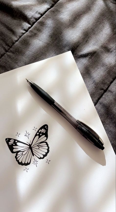 Ink pen drawing Small Pen Drawings, Butterfly Pen Drawing, Simple Pen Sketches, Pen Drawing Easy, Easy Pen Drawing, Easy Butterfly Drawing, Black Pen Drawing, Cute Easy Paintings, Butterfly Sketch