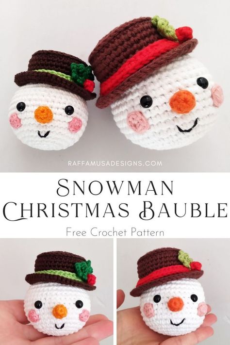 a collage of pictures showing crocheted Christmas baubles in the shape of a snowman Diy Crochet Ornaments, Crocheted Snowman, Crochet Christmas Ornaments Free, Crochet Ornament Patterns, Christmas Crochet Patterns Free, Mitten Ornaments, Christmas Crochet Pattern, Crochet Snowman, Crochet Xmas