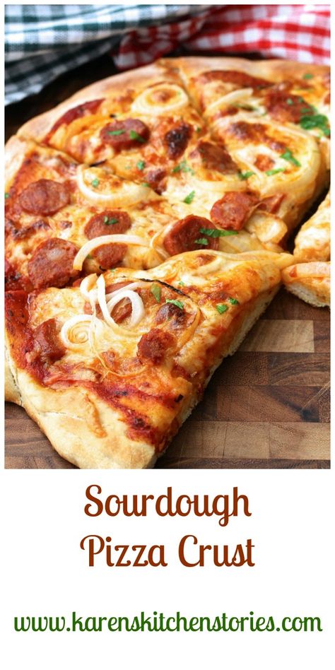 Pizza with a Sourdough Crust Sourdough Pizza Crust Recipe, Sourdough Pizza Dough Recipe, Dough Starter Recipe, Sourdough Crust, Sourdough Pizza Dough, Sourdough Pizza Crust, Gluten Free Puff Pastry, Sourdough Starter Discard Recipe, Bread Starter