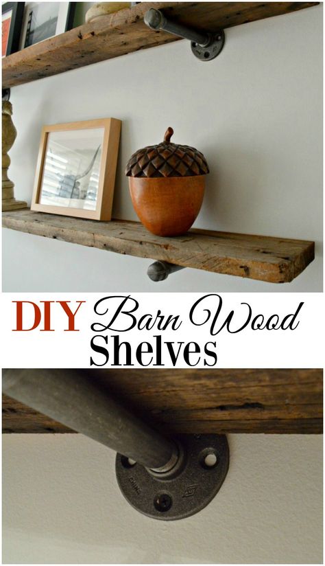 DIY barnwood shelves, with an industrial feel, for a guest bedroom - CHATFIELD COURT Diy Shelves Design, Barn Wood Shelf, Diy Shelves Ideas, Barnwood Shelves, Diy Wood Shelves, Diy Barn, Barn Wood Projects, Farmhouse Shelves, Diy Simple