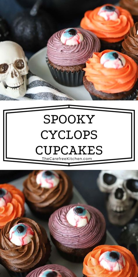 These creepy Halloween Eyeball Cupcakes make the perfect festive Halloween dessert. Not only are they spooky and delicious - they are also super simple to put together. Eye Ball Cupcakes, Creepy Halloween Cupcakes, Scary Cupcakes, Eyeball Cupcakes, Mummy Cupcakes, Candy Eyeballs, Spooky Snacks, Frosting Colors, Orange Frosting