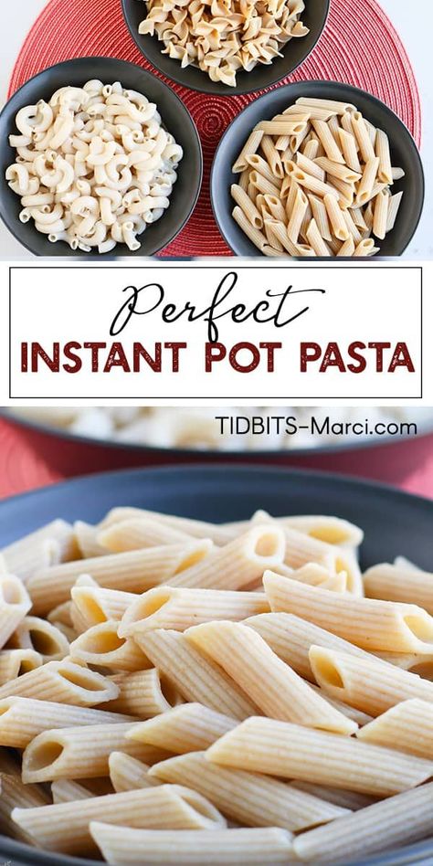 How to Cook Pasta in the Instant Pot. A fail proof guide on how to cook any type of pasta to perfection in your Instant Pot or other electric pressure cooker. Trust me, you'll have perfectly cooked pasta every time! || tidbits-marci.com Pasta In The Instant Pot, Pressure Cooker Recipes Pasta, Pasta Recipe Easy, Pressure Cooker Pasta, Instant Pot Pasta, Type Of Pasta, Recipe Instant Pot, Instant Pot Pasta Recipe, Instant Pot Recipe