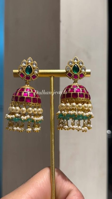 Gold Plated Jadau Kundan Jhumkas From 'Dulhan Jewels' • South India Jewels Kundan Jhumkas, Kundan Jhumka, Kundan Earrings, Gold Bracelet For Women, Ruby Stone, Ruby Jewelry, Contemporary Outfits, South India, Traditional Indian