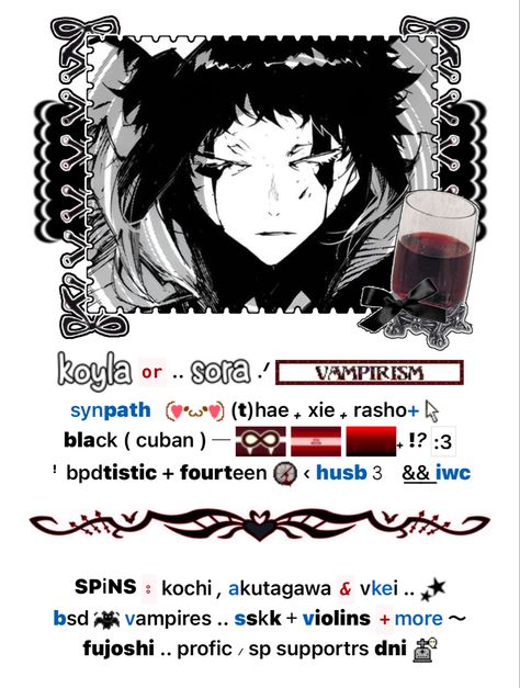 click on pin for link :33 akutagawa rentry dark rentry vampire Rentry Inspo Link, Akutagawa Vampire, Akutagawa Header, Rentry Headers, Vampire Akutagawa, Rentry Inspo Dark, Rentry Icons, Vampire Icon, Rentry Ideas