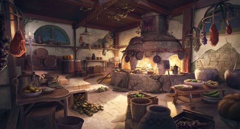 ArtStation - Pol's Kitchen - Belgariad, Paulo Loveranes Galamgam Fantasy Kitchen, Fantasy Rooms, Amazing Artwork, Fantasy House, Fantasy City, Fantasy Castle, Fantasy Setting, Fantasy Places, Interior Concept