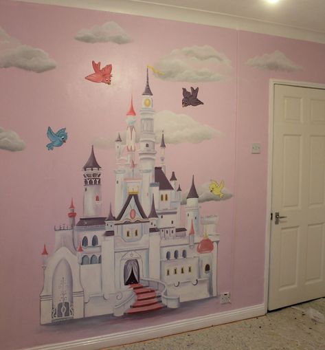 Princess Castle Mural, Princess Mural, Castle Mural, Disney Princess Nursery, Childhood Bedroom, Umbrella Drawing, Disney Princess Castle, Bedroom Mural, Castle Bedroom